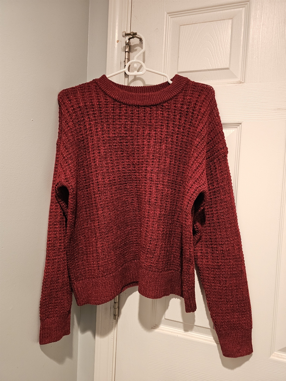 Time and Tru Deep Red Waffle-Knit Crewneck Sweater